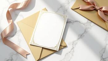 An open envelope with a gold ribbon and a pink ribbon photo