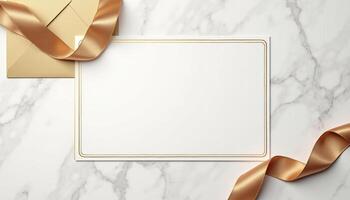 Golden envelope with ribbon and blank paper on marble background photo