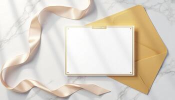 An envelope with a blank note and a gold ribbon photo