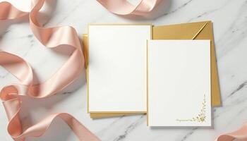 A gold envelope with a pink ribbon and a white card photo
