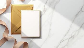 Golden envelope with ribbon and envelope on marble surface photo