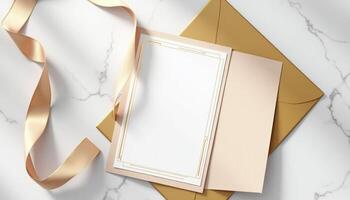 An envelope with a blank card and gold ribbon photo