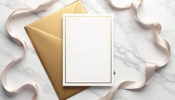 An envelope with a white card on a marble surface photo