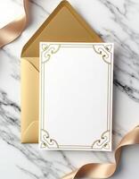 Golden envelope with a white envelope on a marble background photo