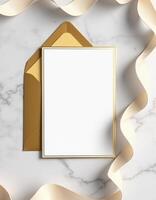 Golden envelope with blank paper on marble background photo
