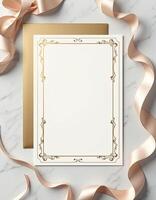 A blank card with gold ribbon and a gold frame photo