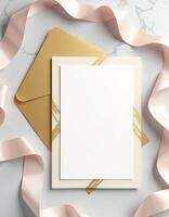 An open envelope with a blank card on a marble surface photo