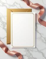 Golden frame with a blank card on a marble background photo