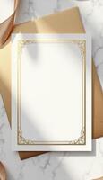 Golden frame with ribbon and envelope on marble surface photo