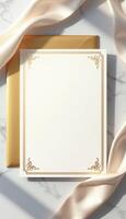 Golden frame with a white envelope on a marble surface photo