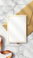 Golden envelope with envelope mockup on marble background photo