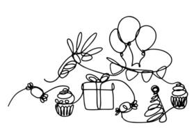 Illustration with a set of items for organizing a celebration, hand-drawn with one continuous line in linear art style. vector