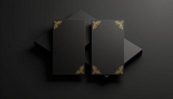 Black and gold gift box mockup with golden pattern on black background photo
