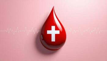 Blood drop with swiss flag and heartbeat on pink background photo