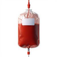 A blood bag hanging from a hook on a white background photo