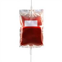 A blood bag with a white label on it photo