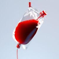 Blood bag with red liquid hanging from a hook photo