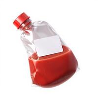 A bottle of red liquid with a label on it photo