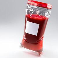 A red liquid in a plastic bag on a white surface photo