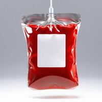 Blood bag with a white label on it photo