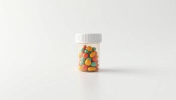 A bottle filled with colorful pills on a white background photo