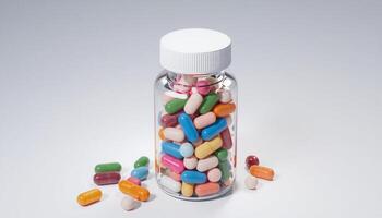 A bottle filled with colorful pills photo