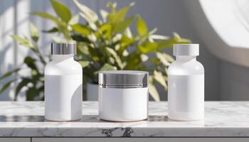 Three white bottles on a counter with a plant photo