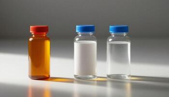 Three different types of liquid in glass bottles photo