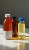 Three bottles of liquid sitting on a table photo