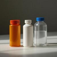 Three empty plastic bottles with lids on a table photo