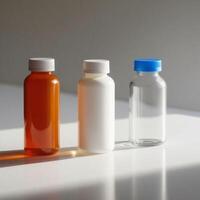 Three empty bottles with different colored liquids on a table photo