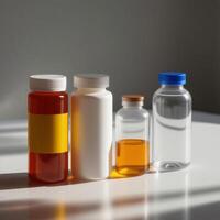 Three bottles of medicine sit on a table photo