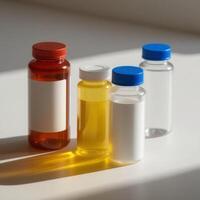 Three different types of liquid bottles on a table photo