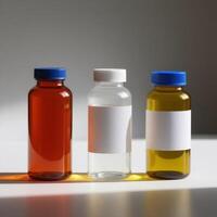 Three bottles of liquid with labels on them photo