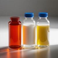 Three bottles of milk and milk products sit on a table photo