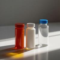 Three different colored bottles on a table photo