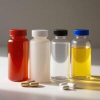 Three bottles of different colors and different liquids photo