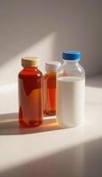Three bottles of milk and a bottle of milk photo