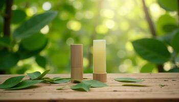 A lip balm and a leaf on a wooden table photo