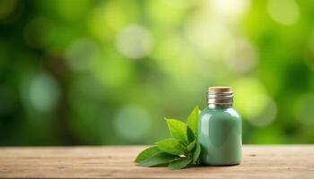 Green bottle of essential oil on wooden table with blurred background photo