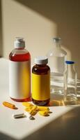 Pills, bottles and medicine on a table photo