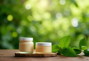 Two jars of cream on a wooden table with green leaves photo