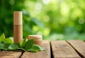 Two tubes of lip balm with leaves on a wooden table photo