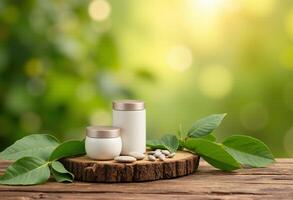 Two bottles of vitamins and pills on a wooden stump with green leaves photo