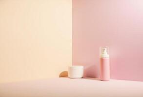 A pink and yellow wall with a white container and a pink container photo