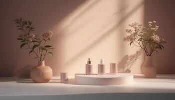 A table with a vase of flowers and a bottle of perfume photo