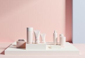A collection of cosmetic products on a table photo