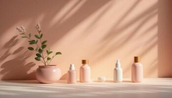 Pink cosmetic products on a table with sunlight photo