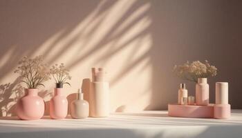 Pink vases sit on a table in front of a window photo