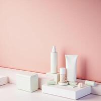 A white shelf with various cosmetic products on it photo